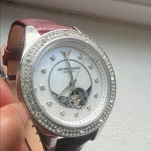 Emporio Armani Crystal-Embellished Silver and Burgundy Timepiece